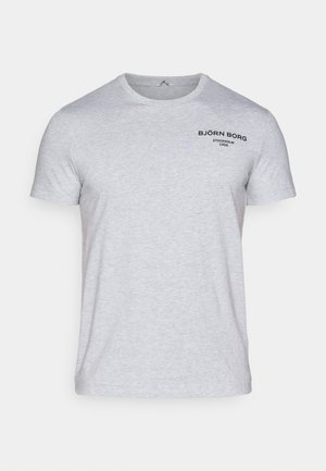 Light gray cotton t-shirt featuring short sleeves and a crew neckline. Black logo printed on the upper left chest area.