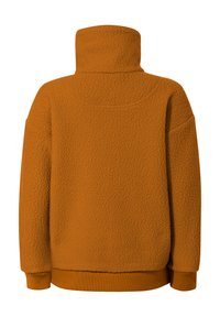 Oranje fleece pullover met een hoge kraag, ribgebreide manchetten en zoom. Heeft een gestructureerd oppervlak met een zachte, pluizige uitstraling.
