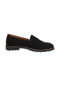 Mocassini in suede nero con design slip-on, caratterizzati da una punta tronca e una fascia testurizzata sulla parte anteriore. Suola in gomma con scanalature.