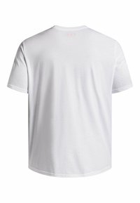 Witte T-shirt met korte mouwen van zacht katoen. Heeft een ronde halslijn en een klein logo in lichtroze op de bovenrug.