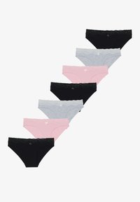Acht Paare Damenunterhosen aus Baumwolle in Schwarz, Grau und Pink mit Spitzenbesatz am Bund und kleinen dekorativen Akzenten vorne.