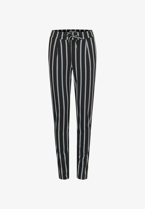 Černé a světle modré pruhované kalhoty s elastickým pasem a tkaničkou, se slim fit střihem a hladkou texturou látky.