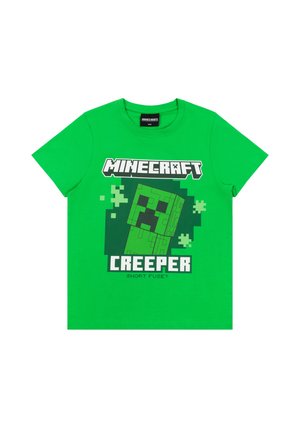 Hellgrünes T-Shirt mit Grafik des Minecraft Creeper-Charakters und den Worten "MINECRAFT CREEPER" in kantiger Schrift auf der Vorderseite.