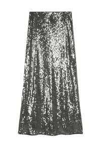 Srebrna spódnica z cekinami o prostej sylwetce, sięgająca do podłogi, z teksturowaną powierzchnią pokrytą refleksyjnymi, metalicznymi cekinami.