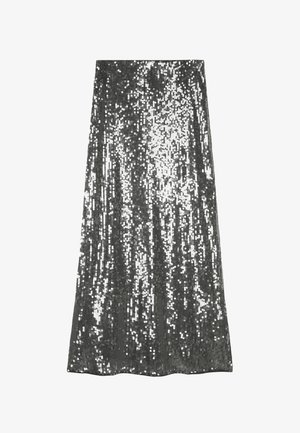 Sølv paljett skjørt med rett silhuett, gulvlengde design og en teksturert overflate med reflekterende, metalliske paljetter.