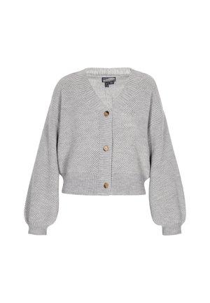 Hallitatud hallist lõngast lühike kardigan V-kaelusega, kolme puidust nupuga ja puffpikkade varrukatega, millel on tekstureeritud muster.