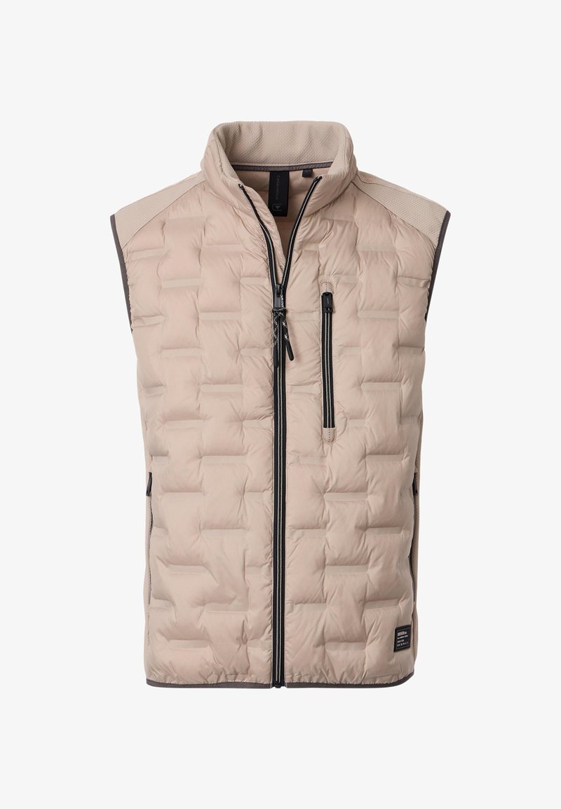 Ullvadderad väst i ljusbeige med ett kviltat mönster, hög krage, fullständig dragkedja fram och svarta dragkedjefickor. Har kontrasterande kant.