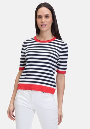 Pull à manches courtes rayé avec des bandes horizontales bleu marine et blanches, accents rouges sur le col et les manches, avec une coupe décontractée.