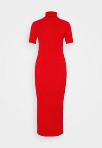 Robe midi rouge en maille avec un col montant, des manches courtes et un motif texturé. Silhouette ajustée avec des détails côtelés à l'ourlet.