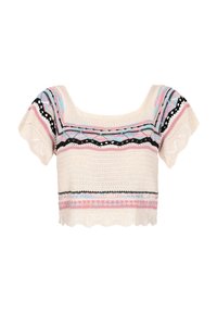 Gehaakte crop top met een vierkante halslijn; heeft meerkleurige patronen in roze, zwart en blauw. Korte mouwen en een golvende zoomafwerking.