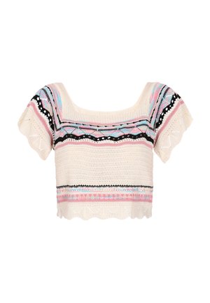 Kootud lühike top ruudukujulise kaelusega; sisaldab mitmevärvilisi mustreid, sealhulgas roosa, must ja sinine. Lühikesed varrukad ja laineline äär.