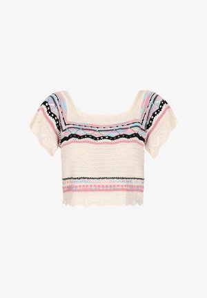 Kootud lühike top ruudukujulise kaelusega; sisaldab mitmevärvilisi mustreid, sealhulgas roosa, must ja sinine. Lühikesed varrukad ja laineline äär.