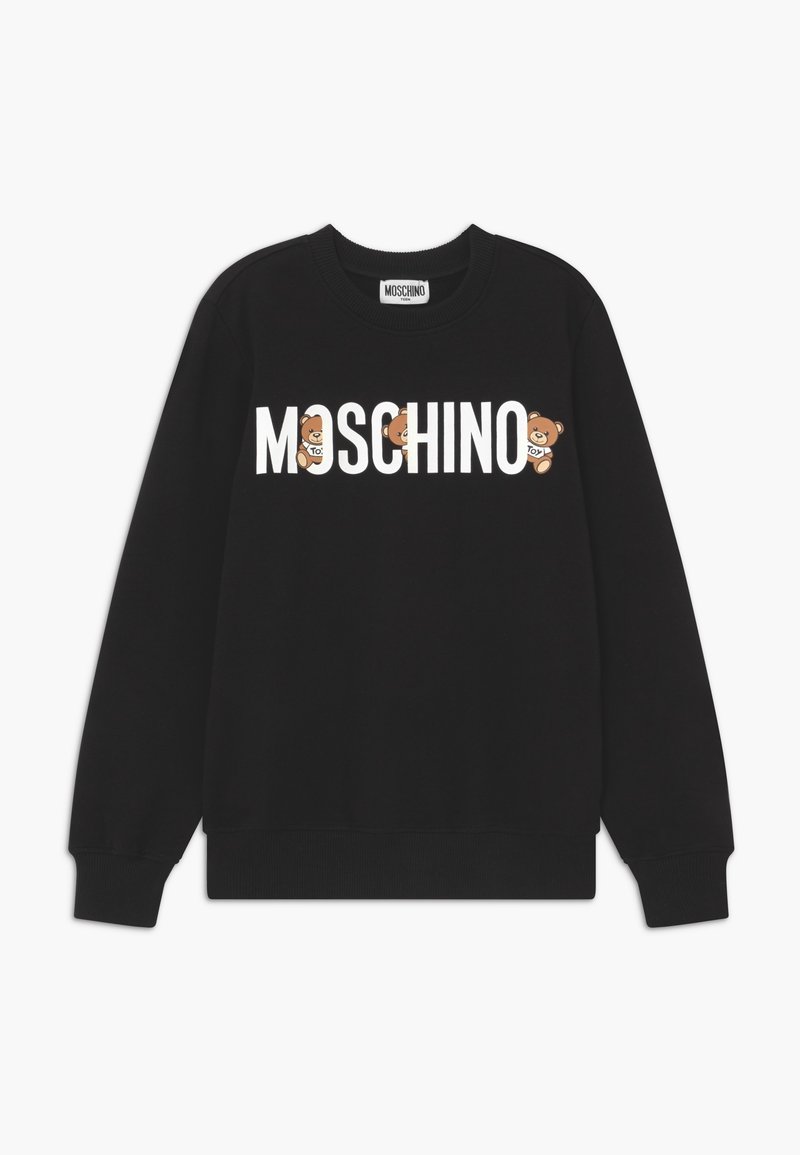 Sweatshirt noir à col rond, avec un texte blanc audacieux "MOSCHINO" et un logo d'ours intégré dans les lettres. Texture de tissu douce.