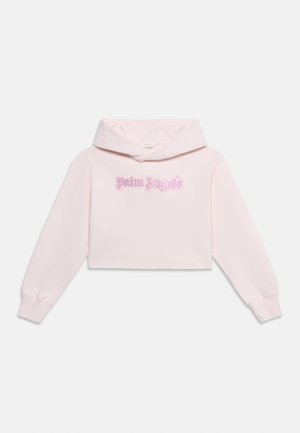 Hellrosa gekürzter Hoodie mit langen Ärmeln und Kapuze, mit pink glitzerndem "Palm Angels" Schriftzug auf der Brust.