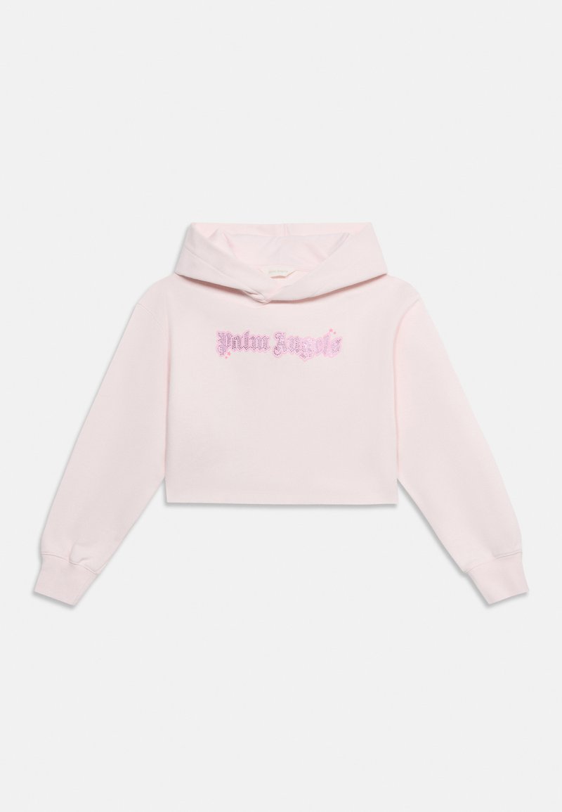 Sweat à capuche court rose clair à manches longues, avec un texte rose pailleté "Palm Angels" sur la poitrine.