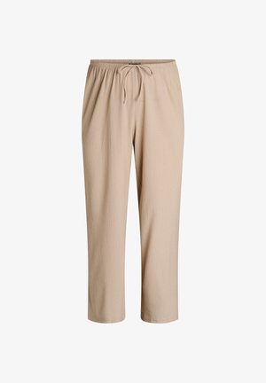 Beige, weit geschnittene Hose mit elastischem Bund und Kordelzug, aus dezent strukturiertem Stoff und geraden Beinen.