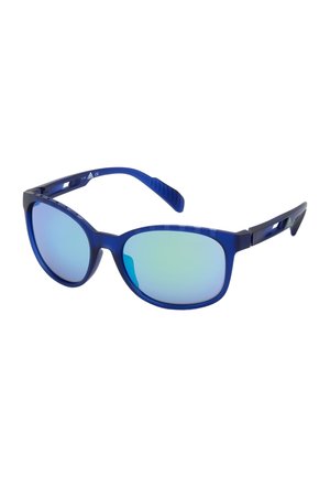 Occhiali da sole sportivi blu con lenti riflettenti rettangolari e aste nere con logo Adidas e fori di ventilazione.