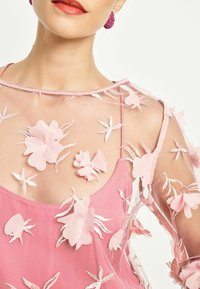 Rosa klänning med ett genomskinligt överlägg som har broderade blomsterdesigns, stora applikationer av rosa blommor och delikata bladmönster genom hela.