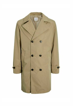 Cappotto trench beige realizzato in tessuto liscio, con design doppiopetto, ampi rever e bottoni neri sulla parte anteriore e sulle maniche.