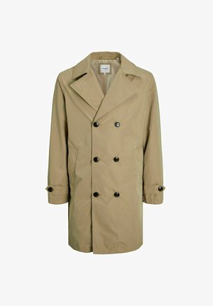 Cappotto trench beige realizzato in tessuto liscio, con design doppiopetto, ampi rever e bottoni neri sulla parte anteriore e sulle maniche.