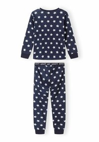Set de pijama din bumbac bleumarin cu model de stele albe. Top cu mânecă lungă și pantaloni asortați, cu talie elastică și mânici ribbate.