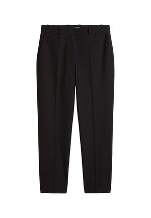 Black tailored trousers with a smooth fabric texture, featuring a straight leg design, four pockets, and a belt loop waistband.