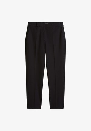 Zwarte, op maat gemaakte broeken met een gladde stofstructuur, met een rechte pijp, vier zakken en een tailleband met lussen voor een riem.