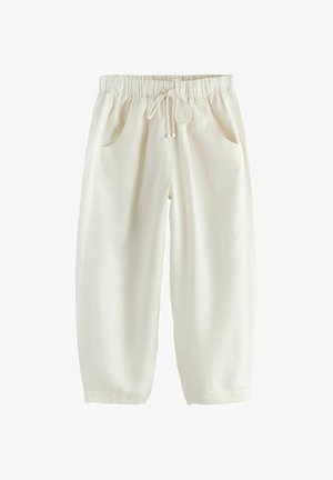 Pantaloni largi de culoare alb-murdar, cu talie elastică și șnur, prevăzuți cu buzunare laterale și picioare conice.