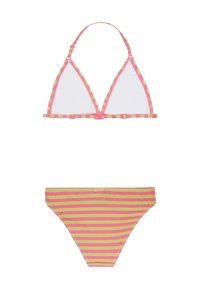 Pruhovaný bikiny set v ružovej a žltej farbe, s trojuholníkovým vrchom s nastaviteľnými ramienkami a zodpovedajúcimi nízkymi nohavičkami. Hladká textúra látky.