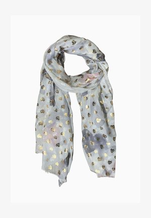 Sciarpa grigio chiaro con motivi a cuore in oro metallizzato e nero, annodata con un giro largo e bordi sfrangiati.