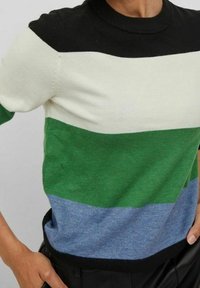 Lyhythihainen villapaita, jossa vaakaraitoja mustana, valkoisena, vihreänä ja sinisenä. Valmistettu pehmeästä, teksturoidusta neulemateriaalista.