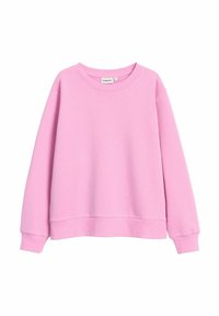 Ljusrosa sweatshirt med rund halsringning, långa ärmar och ribbade muddar. Tillverkad av mjukt tyg, med en avslappnad passform och utan mönster.