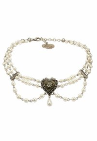 Pearl choker with multiple strands, silver-tone metal hardware, heart-shaped pendant with filigree design and a drop pearl accent.