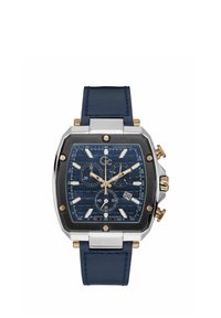 Orologio con bracciale in pelle blu e cassa quadrata in argento, quadrante navale testurizzato, dettagli dorati e più sottodial di cronografo.