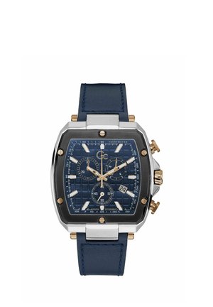 Blue leather strap watch with a square silver case, textured navy dial, gold accents, and multiple chronograph subdials.