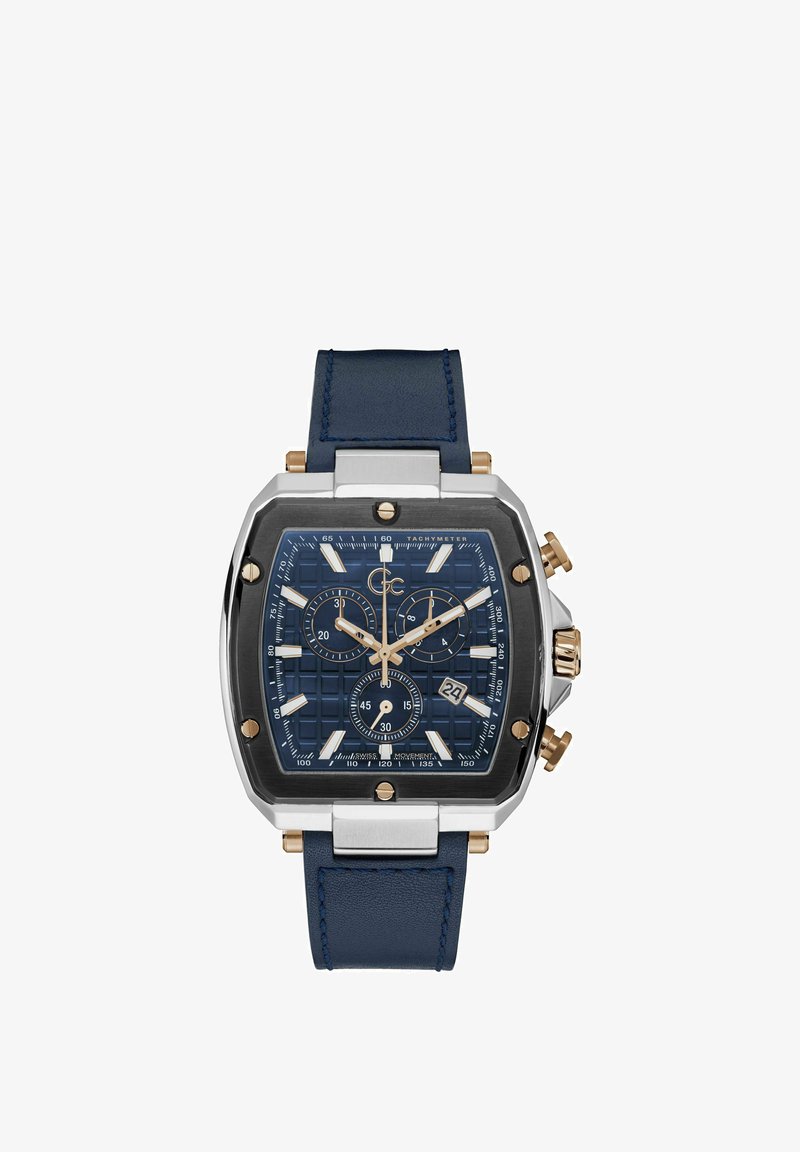 Orologio con bracciale in pelle blu e cassa quadrata in argento, quadrante navale testurizzato, dettagli dorati e più sottodial di cronografo.