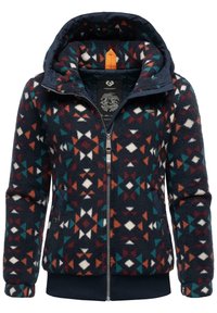 Kurtka z kapturem podszyta polarowym materiałem, w granatowej podstawie, z geometrycznym wzorem w bieli, pomarańczowym, turkusowym i bordowym. Posiada zamek z przodu oraz ściągacze na rękawach.