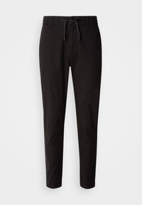 Pantalon slim noir avec taille élastique et cordon, équipé de passants pour ceinture et doté d'une texture de tissu lisse.
