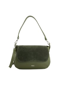Green leather handbag with a textured suede flap, smooth body, and adjustable strap. Features silver-tone hardware and logo detail.