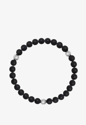 Schwarze, matte Perlenarmband mit sphärischen Perlen und einem polierten Silberakzent, der ein dekoratives Muster zeigt.