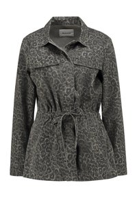 Chaqueta de imprimación de leopardo gris con mangas largas, cintura con cordón y dos bolsillos en el pecho. Fabricada en tejido texturizado, con un diseño de cuello clásico.
