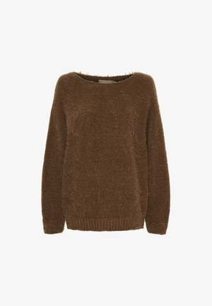 Brun, fuzzy pullover sweater med bred hals, lange ærmer og et tekstureret strikmønster, der har ribbede kanter og manchetter.