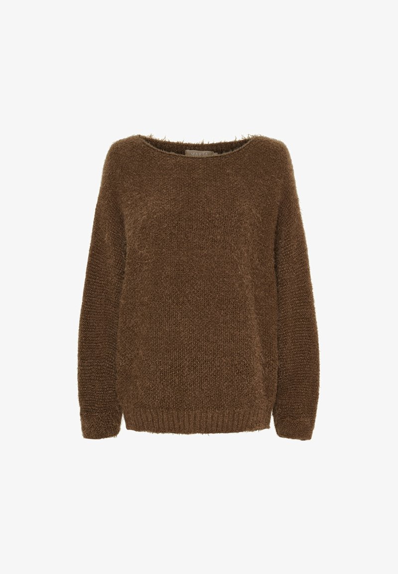 Brun, fuzzy pullover sweater med bred hals, lange ærmer og et tekstureret strikmønster, der har ribbede kanter og manchetter.
