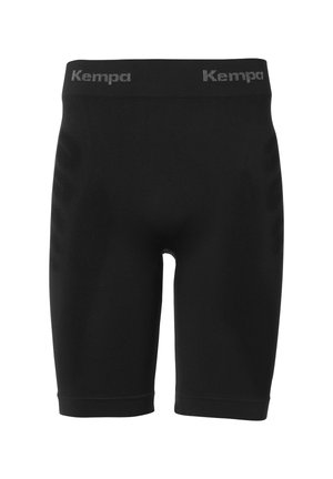 Schwarze Sportshorts aus dehnbarem Material; mit einer erhabenen Textur an den Seiten und einem kontrastierenden Logo-Bund.