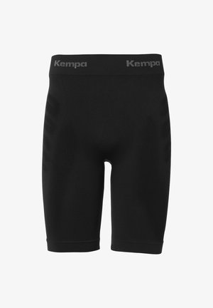 Schwarze Sportshorts aus dehnbarem Material; mit einer erhabenen Textur an den Seiten und einem kontrastierenden Logo-Bund.
