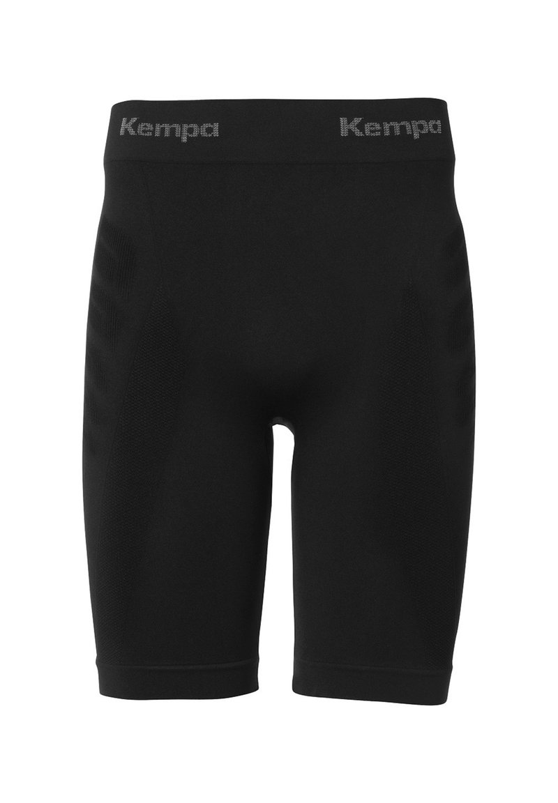 Shorts de sport noirs en tissu extensible; présentent une texture en relief sur les côtés et une ceinture logo contrastante.