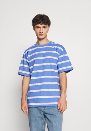 Blue striped t-shirt with alternating white lines. Features a crew neck and short sleeves, made from soft, breathable fabric.