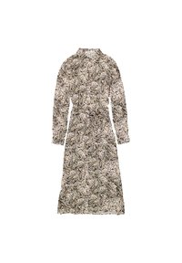 Blommönstrad lång klänning med knappstängning, krage och långa ärmar i nyanser av grädde, svart och inslag av grönt. Lättviktsmaterial.