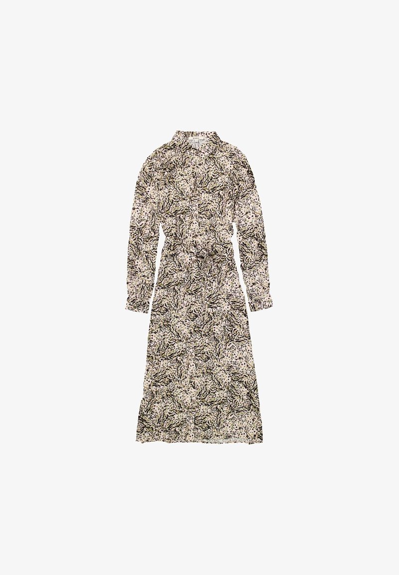 Abito lungo con motivo floreale, chiusura con bottoni, colletto e maniche lunghe in tonalità di crema, nero e accenni di verde. Tessuto leggero.
