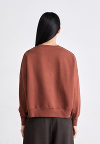 Sudadera de color óxido con un ajuste relajado, hombros caídos y puños acanalados. Textura suave con un diseño sencillo, vista desde la parte de atrás.